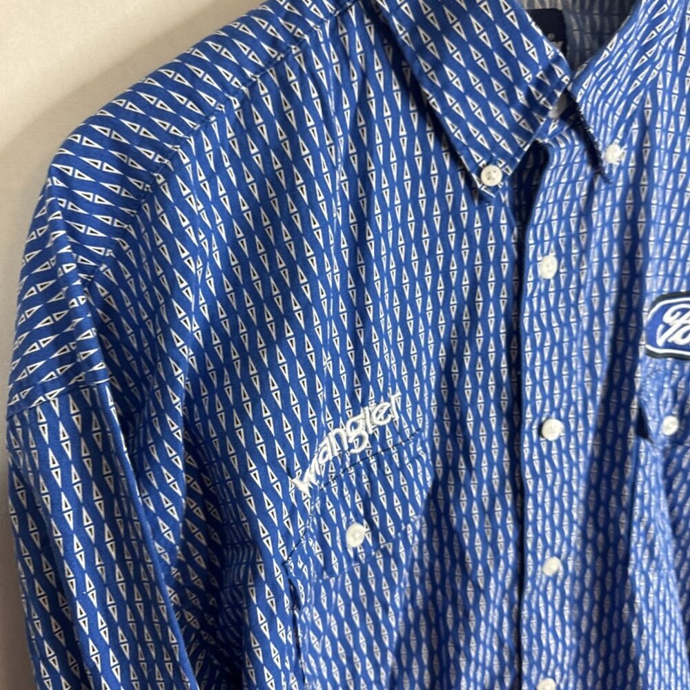 Wrangler Ford Motorsport Button Up Shirt Mens XL Blue Logo Racing Cotton - Picture 3 of 5